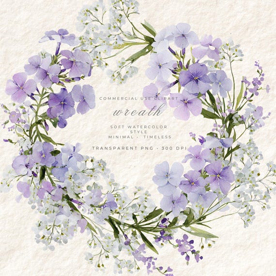 Purple Garden Phlox Watercolor Wreath PNG Clipart, Soft Pastel Botanical Art, Wedding Card Design Transparent, Commercial Use