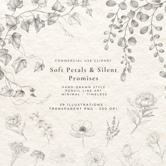 Fine Line Floral Clipart, Wedding Flower PNG Bundle, Minimalist Botanical, Romantic Rose Peony Wreath Elements, Elegant Wedding Graphics