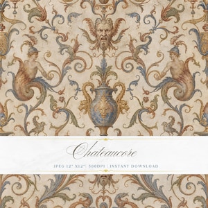 Peut inclure: Impression numérique avec un motif répété d'éléments classiques. Le motif comprend des vases ornés, des figures mythiques et des feuillages enroulés dans des tons beige, bleu et marron. Le mot "Chateaucore" est écrit en script élégant.