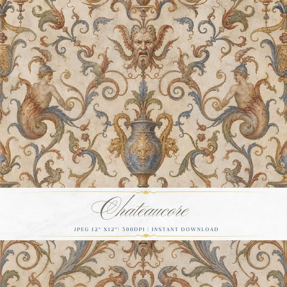 Baroque Damask Watercolor Seamless Pattern, Antique Ornamental Digital Paper, Rococo Tile