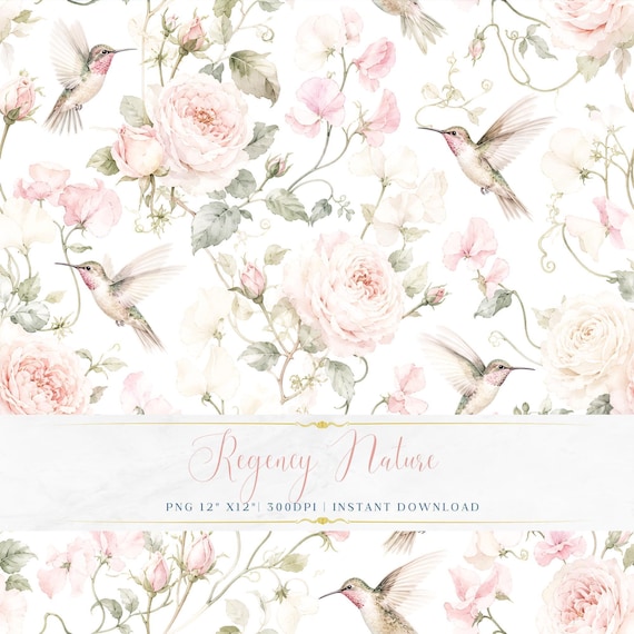 Romantic Watercolor Birds and Florals Wallpaper PNG Vintage Botanical Seamless Printable Fabric Pattern