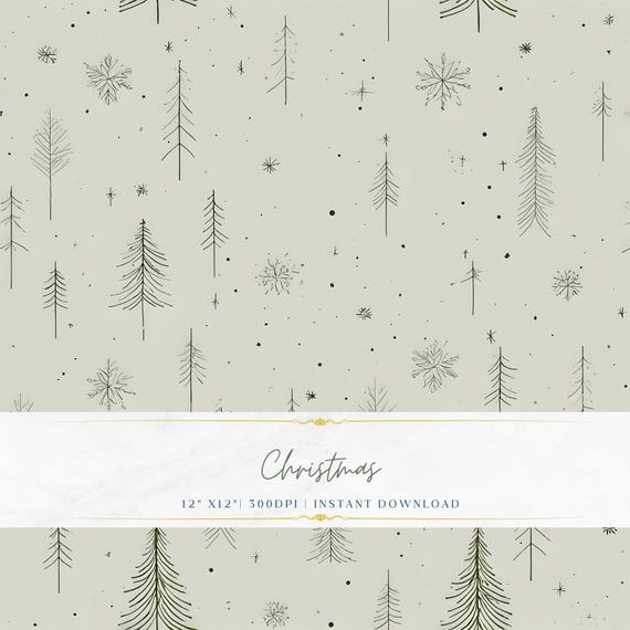 Minimal Christmas Seamless Pattern PNG, Elegant Vintage Holiday Design, Fine Line Digital Paper