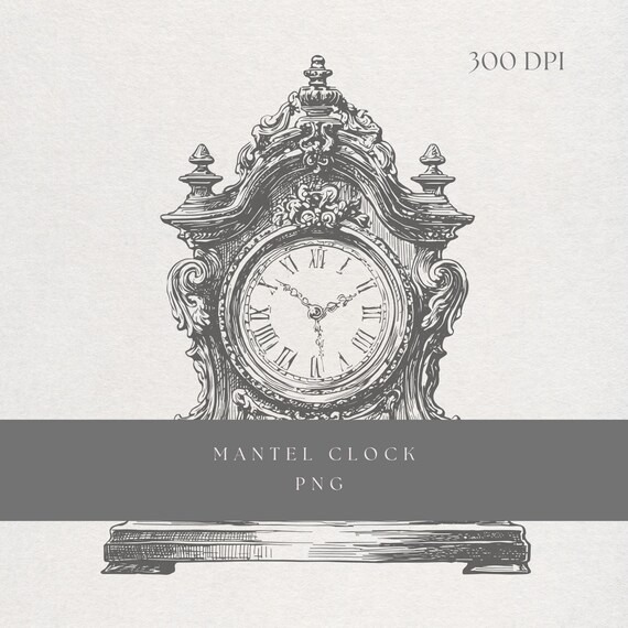 Mantel Clock Clipart PNG | Fine Line Baroque Timepiece Illustration | Transparent Background | Digital Download Vintage Clock Art