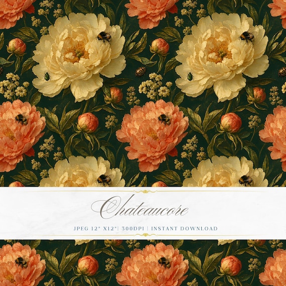 Dark Peony Botanical Seamless Pattern, Oil Painting Floral Digital Paper, Lush Garden Tile