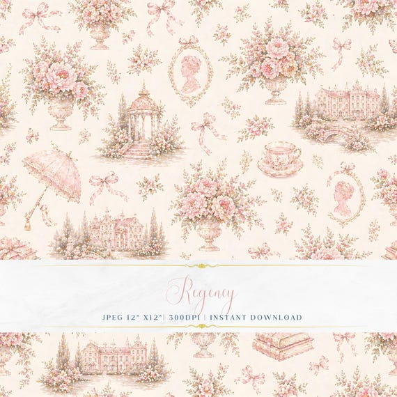 Regency Pink Pattern JPEG | Watercolor Parasol Teacup Books Cameo Gazebo Peony Bow Blush Cream Romantic Digital Scrapbook Paper 300 DPI