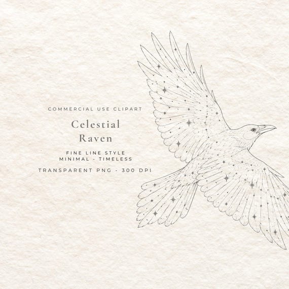 Celestial Raven PNG, Raven in Flight Fine Line Art Digital Download, Gothic Bird Clipart, Dark Academia Wall Art Printable File