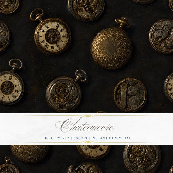 Pocket Watch Seamless Pattern JPEG Oil Painting Dark Digital Paper Chateaucore Academia Instant Download
