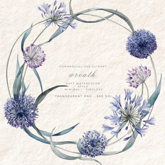 Agapanthus Watercolor Botanical Wreath Clipart PNG, Transparent Background Floral Frame, Scrapbook Paper Craft Design, Commercial Use
