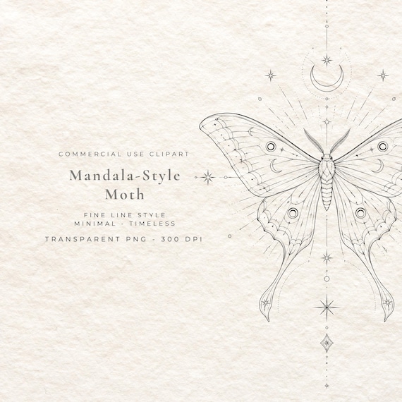Moth Mandala PNG, Symmetrical Fine Line Moth Digital Download, Boho Insect Clipart, Mystical Wall Art Printable File