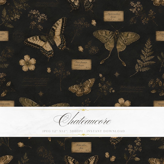 Butterfly Digital Paper, Vintage Entomology Seamless Pattern, Dark Academia Moth Wallpaper, Printable Scrapbook Paper, Antique Nature JPG