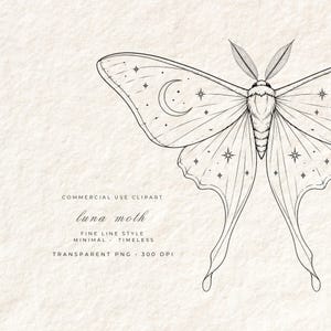 May include: A black and white line drawing of a luna moth with a crescent moon and stars on its wings. The image includes the text "COMMERCIAL USE CLIPART", "luna moth", "FINE LINE STYLE", "MINIMAL", "TIMELESS", and "TRANSPARENT PNG 300 DPI".