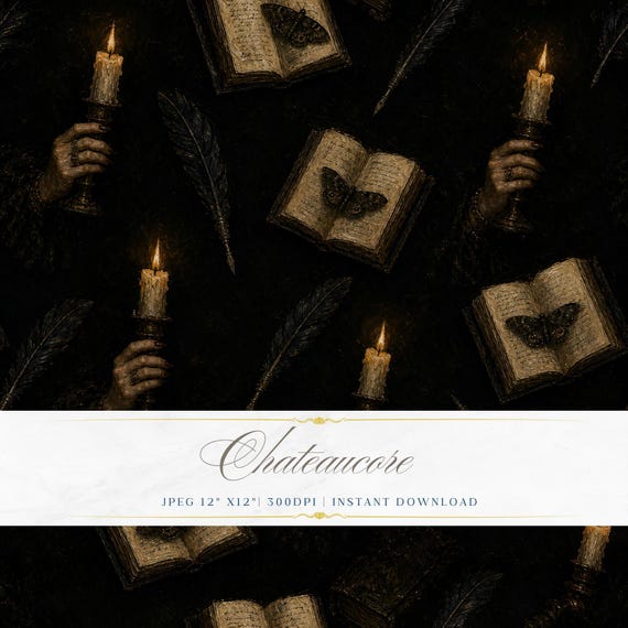 Dark Scholar Seamless Pattern JPEG Oil Painting Moth Candle Book Chateaucore Academia Download