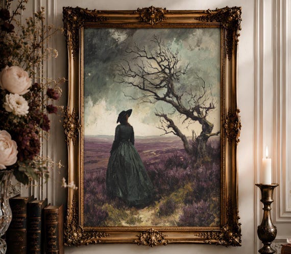 Dark Moors Green Gown Wall Art | Dead Tree Heather Oil Painting Print | Gothic Romantic Landscape Decor Digital Download