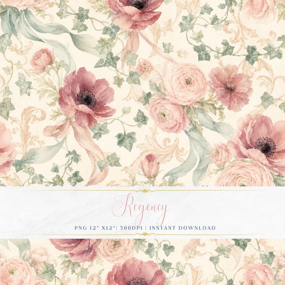Elegant Vintage Garden PNG Seamless Floral Digital Paper Printable Fabric Wallpaper Pattern