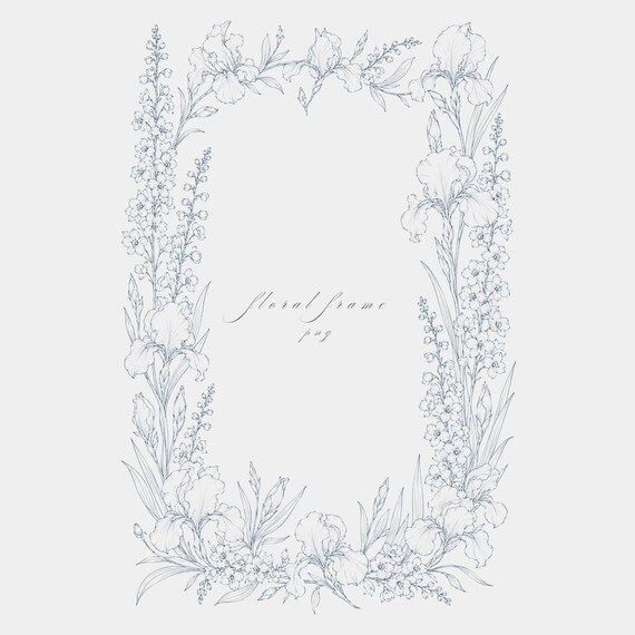 Iris Delphinium Frame PNG | Fine Line Pencil Clipart | Wedding Stationery | Transparent | 300 DPI
