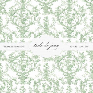 May include: Seamless pattern in a toile de jouy style. The design features a repeating pattern of floral and ornamental elements in a soft green color on a white background. The pattern is 12 x 12 inches and 300 DPI.