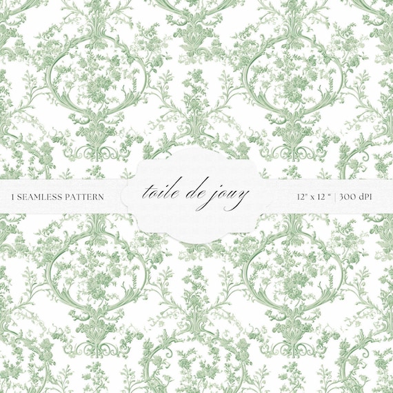 Sage Green Toile De Jouy Pattern | Floral Baroque Art (Digital Download)