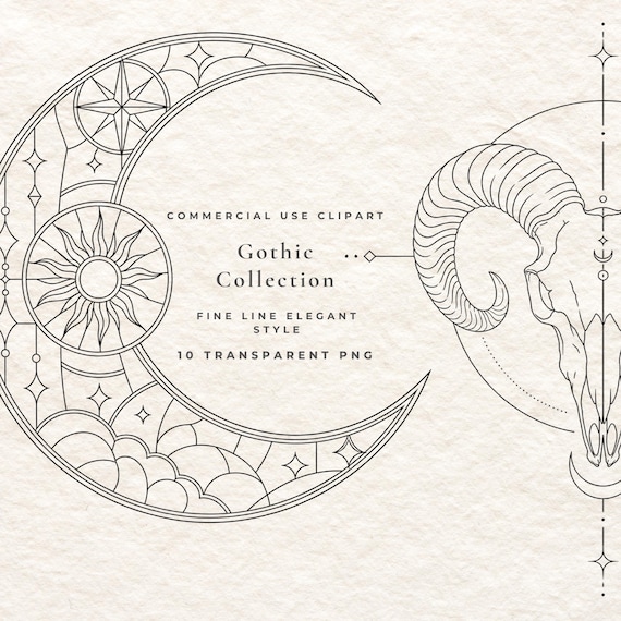 Gothic Fine Line Clipart Bundle for Branding, Tattoo Design Journaling Wall Art Skull Coffin Raven Cathedral Iron Gate Rose Set 10 Designs