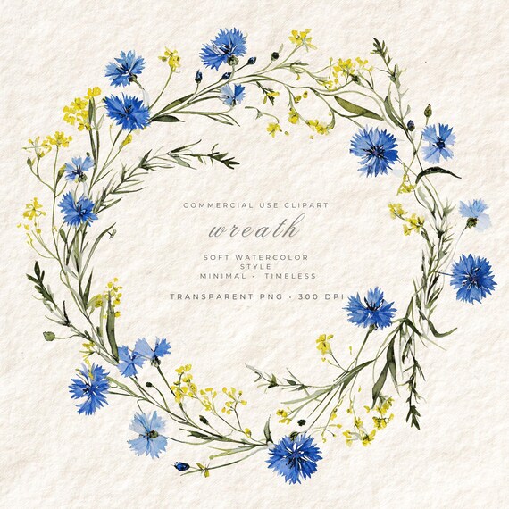 Cornflowers Wreath PNG, Watercolor Flower Frame Clipart, Wedding Logo Frame, Baby Shower Invitation Border, Botanical Circle Design