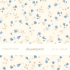 May include: Seamless pattern with a cream background and a delicate floral design. The pattern features light blue flowers, small leaves, and scattered petals. The word "romance" is written in a cursive font.