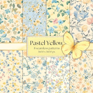 Floral Seamless Patterns | 8 Pastel Yellow Watercolor Patterns | Buttercream Yellow & Soft Blue Designs