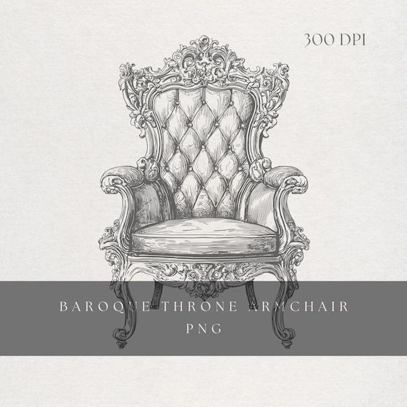 Throne Chair Clipart PNG | Fine Line Baroque Armchair Illustration | Transparent Background | Digital Download Royal Furniture Art