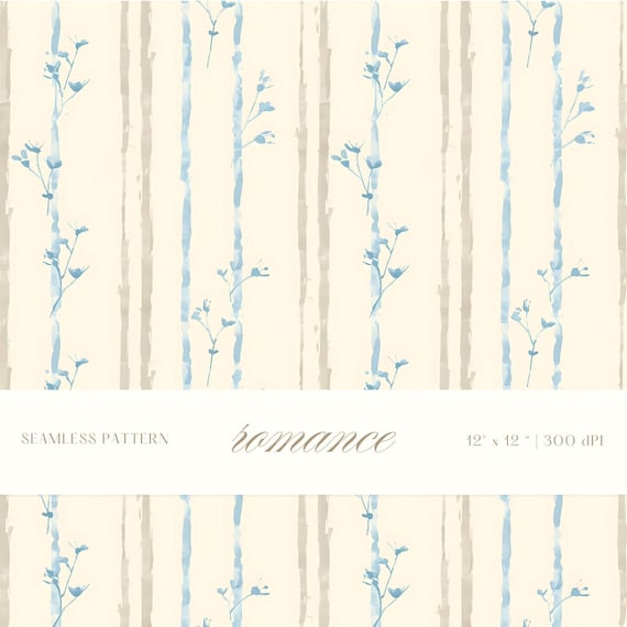 Blue Stripe Botanical Seamless Pattern, Soft Watercolor Vertical Lines, Minimal Nursery Fabric Design, Neutral Vintage Wallpaper Print