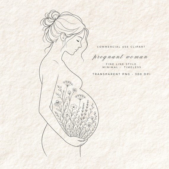 Pregnant Woman Silhouette Clipart PNG | Fine Line Maternity Art | Wildflower Belly Illustration | Transparent Background | Digital Download