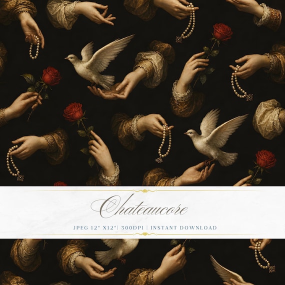 Renaissance Hands Seamless Pattern JPEG Oil Painting Dark Digital Paper Chateaucore Instant Download
