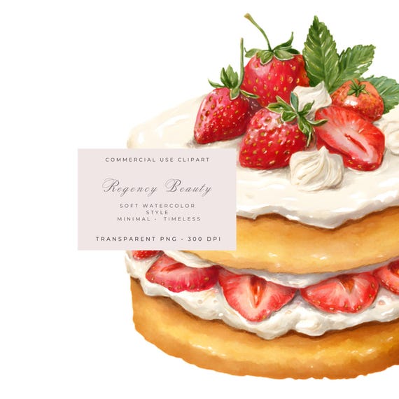 Strawberry Cake PNG, Soft Girl Clipart, Watercolor Floral PNG, Feminine Pastel Romantic Design