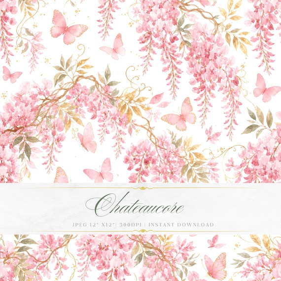 Pink Wisteria Butterfly Watercolor Seamless Pattern, Pink Digital Paper, Botanical Tile