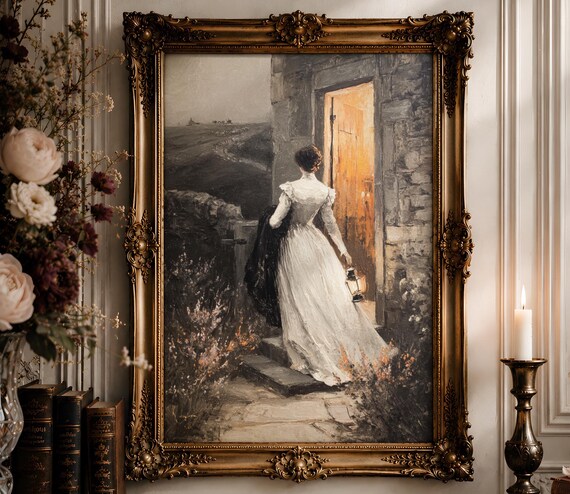 Manor Door Night Moors Wall Art | White Gown Lantern Oil Painting | Gothic Romantic Landscape Decor Digital Download