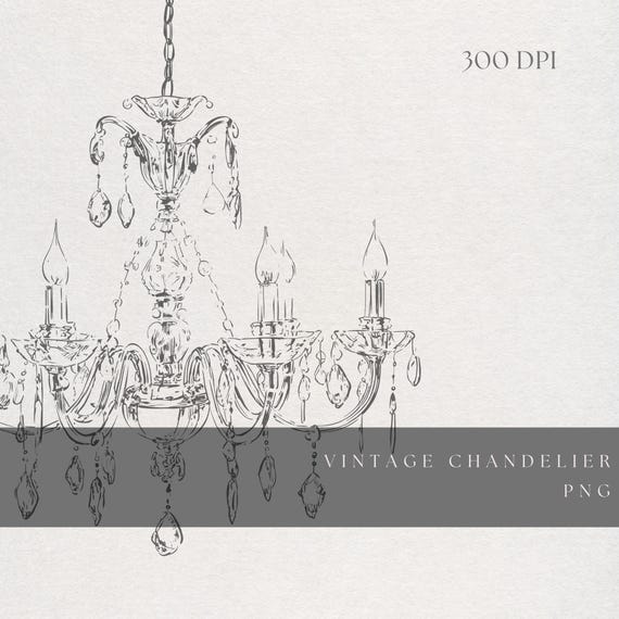 Chandelier Clipart PNG | Fine Line Vintage Crystal Illustration | Transparent Background | Digital Download Elegant Chandelier Art
