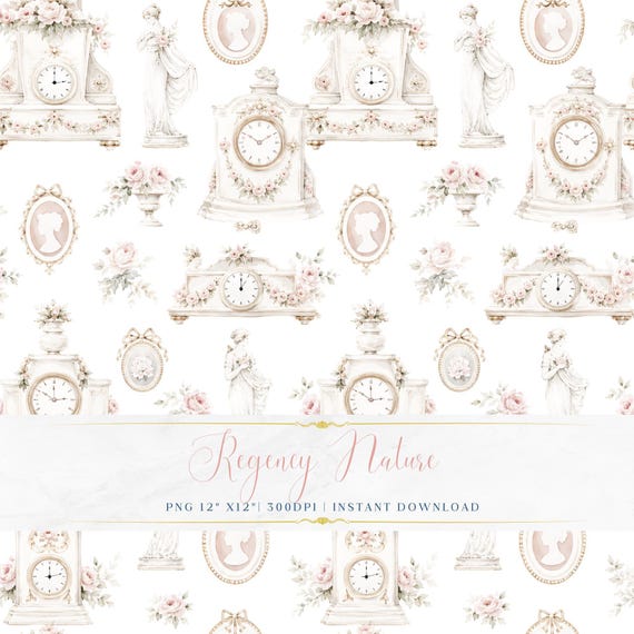 Seamless Pattern Regency Inspired  PNG Watercolor Floral Digital Paper Soft Pastel Wallpaper
