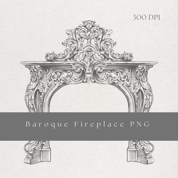 Fireplace Clipart PNG | Fine Line Baroque Mantel Illustration | Transparent Background | Digital Download Ornate Hearth Art