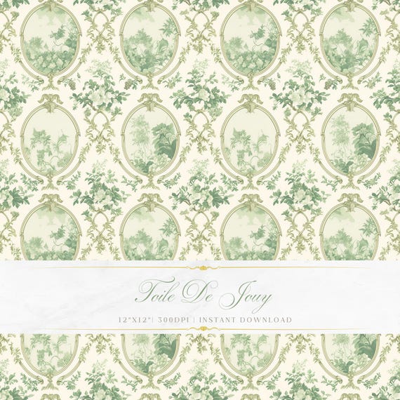 Sage Green Toile De Jouy Pattern | Floral Baroque Art (Digital Download)