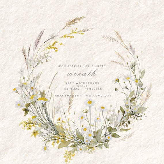 Watercolor Wildflower Wreath Transparent PNG, Meadow Field Floral Clipart, Digital Art Download Commercial Use, Stationery Card Design