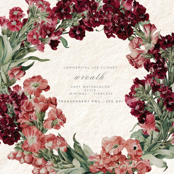 Watercolor Floral Wreath Clipart, Botanical Digital Sticker (Instant Download)