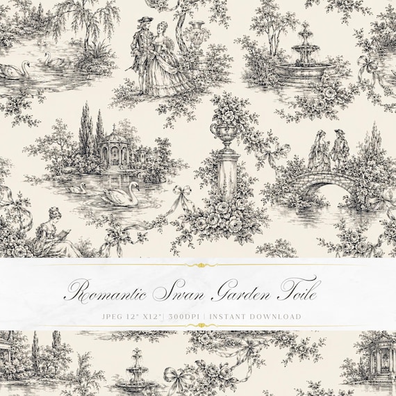 Black Swan Toile de Jouy Seamless Pattern | Romantic Garden Wallpaper | Antique French Digital Paper | Elegant Monochrome Pattern