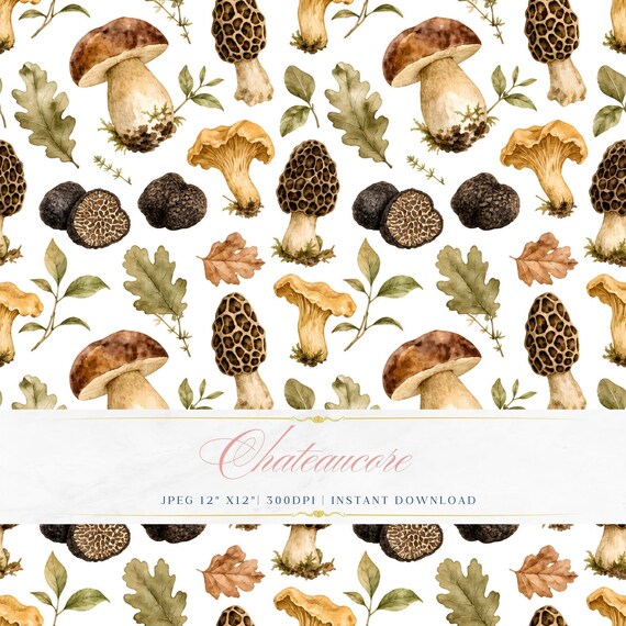 Woodland Mushroom Watercolor Seamless Pattern, Forest Forager Digital Paper, Fungi Tile