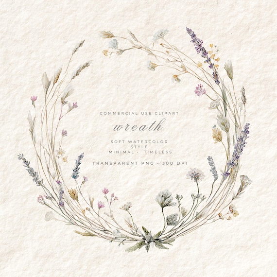 Wildflower Wreath Clipart PNG Transparent, Watercolor Boho Wedding Floral Frame, Bridal Shower Digital Download Commercial Use