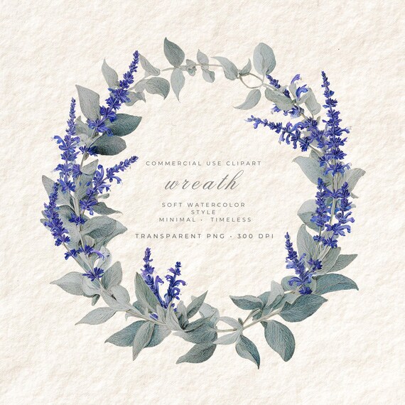 Salvia Watercolor Wreath PNG Clipart, Soft Pastel Botanical Art, Wedding Card Design Transparent, Commercial Use