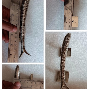 Può includere: Una maniglia per porta a forma di pesce color bronzo. La maniglia è lunga circa 18 cm e presenta dettagliati disegni di squame e pinne. La maniglia è montata su una base rettangolare.