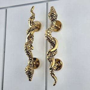 Könnte beinhalten: Zwei goldfarbene Türgriffe in Form von Schlangen. Die Griffe haben ein detailliertes, strukturiertes Design. Die Schlangenkörper sind geschwungen, die Köpfe oben. Sie sind auf runden, goldfarbenen Platten montiert.