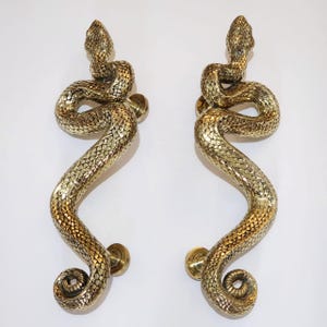 Può includere: Due maniglie per porte in ottone, ciascuna a forma di serpente arrotolato. Le maniglie presentano un motivo strutturato a forma di scaglia e sono montate su piastre rotonde in ottone. Le teste di serpente sono in alto, con i corpi che si incurvano verso il basso.