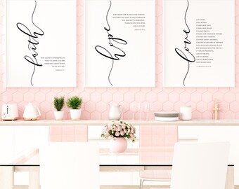 Faith Hope Love Wall Art Decor Christian Wall Art Printable Bible Verse for Home Decor for Housewarming Gift Set of 3 Bundle Home Decor