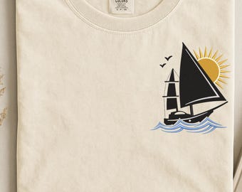 Embroidered Sailboat Travel Sweatshirt, Sail Boat Waves Sunrise tshirt, Speed boat on ocean crewneck, Sailing tshirt, shirt for sailor