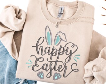 Embroidered Happy Easter Sweatshirt, Easter bunny tshirt, cute baby chick easter crewneck, cute bunny ears tshirt