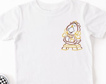Embroidered Kids Beauty and the beast Cogsworth the clock Sketch Tshirt: Princess shirts for toddler