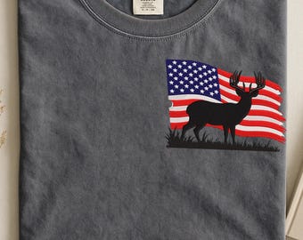 Embroidered American Flag Deer Sweatshirt, USA Deer embroidered tshirt, Embroidered patriotic flag with deer unisex crewneck